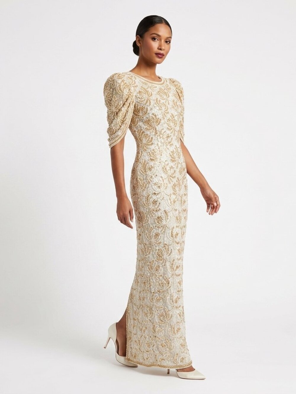 VINTAGE 80s Judith Ann Creations Ivory Gold Beaded Sequin Gown Dress Small